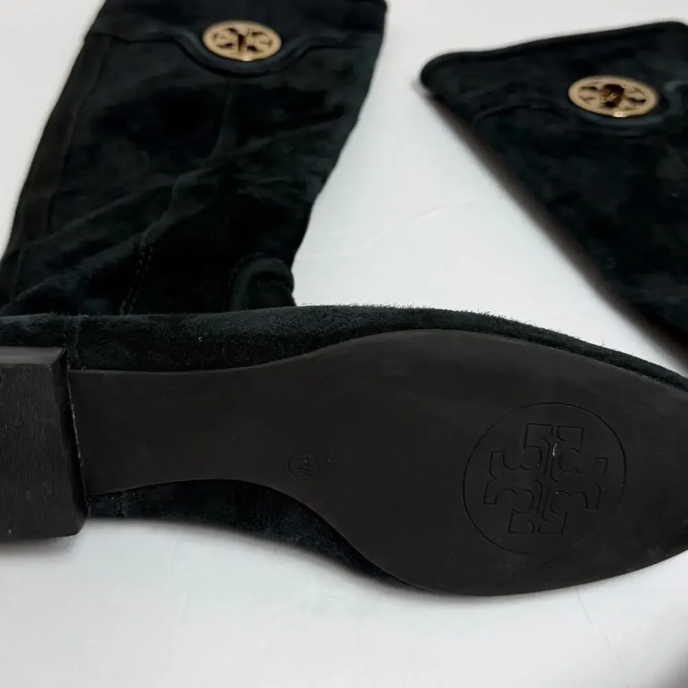 TORY BURCH BLACK SUEDE KNEE LENGTH FLAT BOOTS ZIPPER & GOLD LOGO MEDALLION 7.5